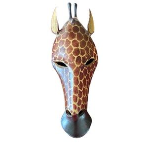Vintage Hand Carved Giraffe Wooden Mask Hanging Artisan African Folk Art Decor